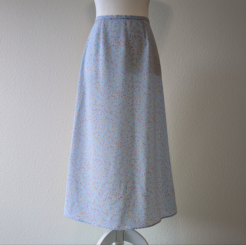 Joan Leslie Sky Blue Ditsy Floral Vintage A Line Midi Skirt Size Small Petite